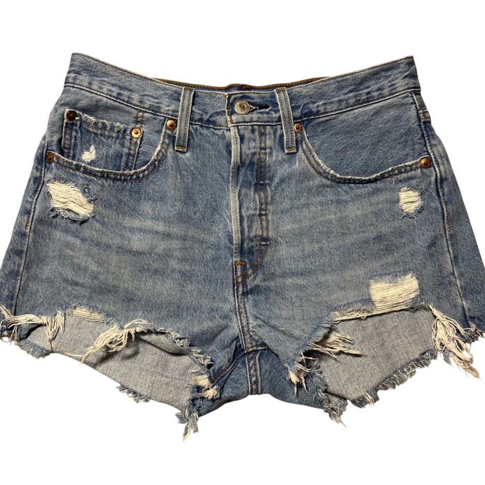 Levis 501 Original High Rise Distressed Denim Shorts Light Wash Button Fly 27